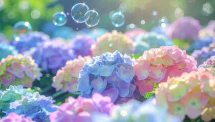 Pastel rainbow hydrangea with floating bubbles in soft spring light
