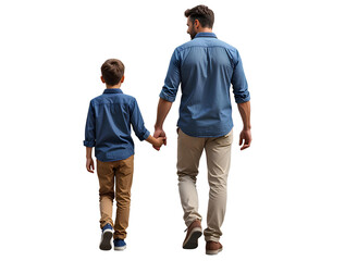 Back view of a father and young son walking hand in hand, emotional family bonding co