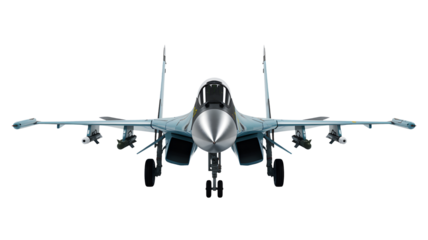 A military fighter jet with missiles on its wings flies forward with a silver nose and gray body on a white background