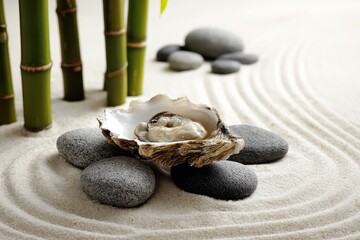 Zen Garden Oyster with Bamboo and Smooth Stones on Raked Sand