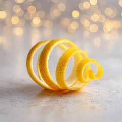 A Bright Yellow Lemon Peel Spiral on a Textured Surface with Soft Bokeh Lights Background