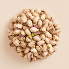 A Circle Of Light Brown Pistachios With Green Insides And Purple Hues On A Beige Backdrop