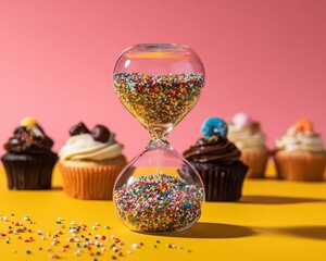 A Colorful Hourglass Filled With Sprinkles Stands Among Frosted Cupcakes On A Yellow Surface