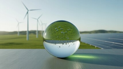 H2 Molecules, Glass Ball, Zero Emission Technology, Environmental Protection, Alternative Energy Source, Green Hydrogen Energy Sphere, Solar Panels, Wind Turbines, Photovoltaic Cells, Windmills