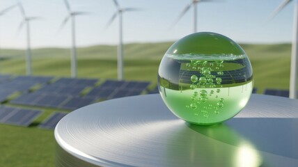 H2 Molecules, Glass Ball, Zero Emission Technology, Environmental Protection, Alternative Energy Source, Green Hydrogen Energy Sphere, Solar Panels, Wind Turbines, Photovoltaic Cells, Windmills