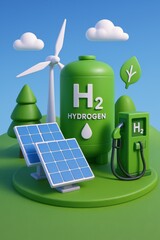 3D Isometric Illustration, Green Hydrogen Production Plant,  Wind Turbines, Solar Panels, Renewable Energy. Miniature Model, Eco Friendly H2 Factory, Sustainable Infrastructure Representing Energy