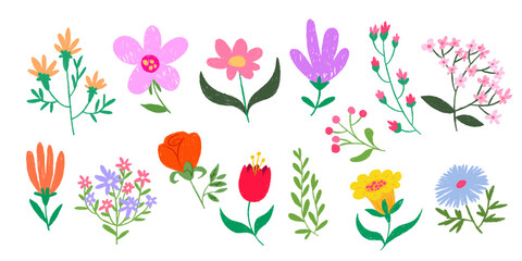Crayon flower doodles in chalk pastel style - hand drawn spring blooms of tulips, daisies, roses and wildflowers with kid friendly aesthetic. Vector set for children greeting cards or botanical design
