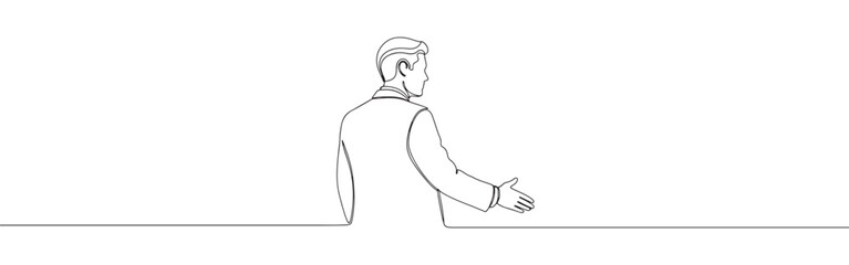 Continuous one line drawing of a businessman offering a handshake. Vector illustration of greeting gesture isolated on white background. Minimalist concept