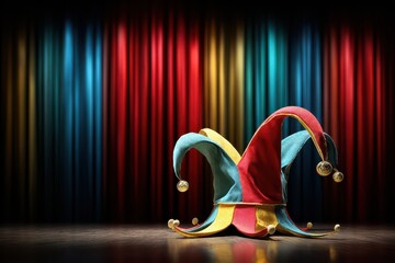 A Jester Hat with Three Points Sits on a Wooden Stage Against Colorful Curtains