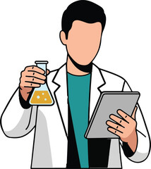Scientist Illustration Holding Flask and Digital Tablet, Research Concept