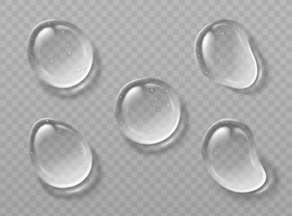 3D water or gel drops set isolated on transparent background. Vector realistic illustration of abstract cosmetic serum droplet top view, liquid skincare product texture, moisture oil or cream bubble