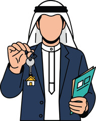 Arab Realtor Holding House Key and Documents, Isolated Vector Illustration
