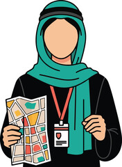 Arab Guide Woman Holding City Map Vector Illustration