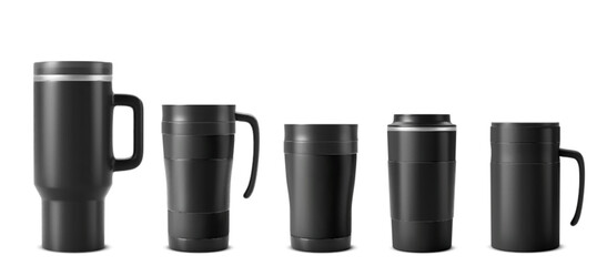 Tumbler cup mockup set isolated on white background. Vector realistic illustration of black thermo mugs for hot and cold drinks, stainless steel container with handle, lid and blank space for branding