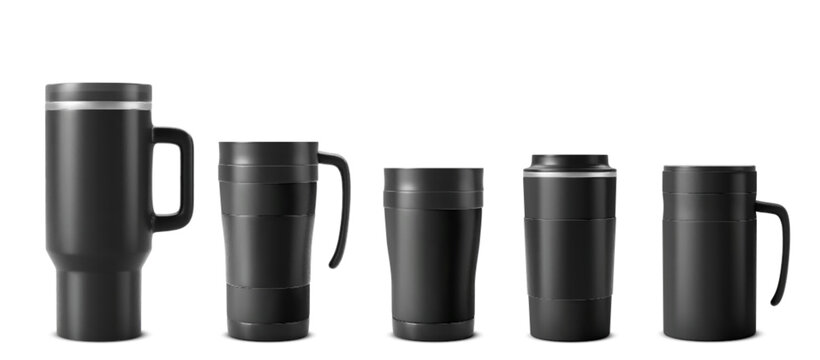Tumbler cup mockup set isolated on white background. Vector realistic illustration of black thermo mugs for hot and cold drinks, stainless steel container with handle, lid and blank space for branding