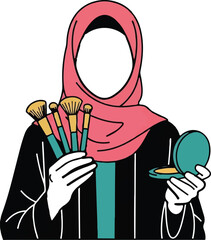 Hijab Makeup Artist Holding Brushes and Compact Powder Vector Illustration