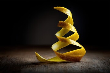 A Single Golden Lemon Peel Curled Into A Spiral Shape On A Dark Wooden Surface