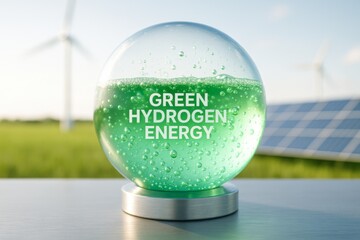 H2 Molecules, Glass Ball, Zero Emission Technology, Environmental Protection, Alternative Energy Source, Green Hydrogen Energy Sphere, Solar Panels, Wind Turbines, Photovoltaic Cells, Windmills