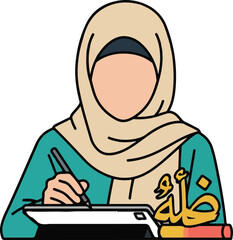 Muslim Woman Designer Working on Digital Tablet Illustration