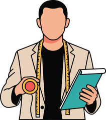Tailor Holding Measuring Tape and Clipboard Vector Illustration