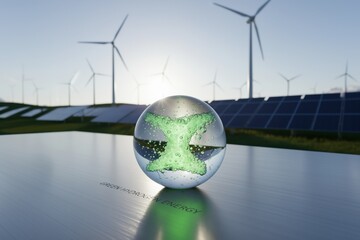 H2 Molecules, Glass Ball, Zero Emission Technology, Environmental Protection, Alternative Energy Source, Green Hydrogen Energy Sphere, Solar Panels, Wind Turbines, Photovoltaic Cells, Windmills