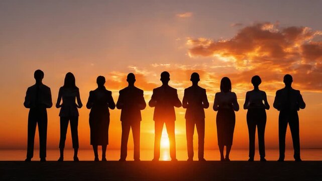 Silhouette of Unity: A unified group stands silhouetted against a radiant sunset, embodying collective strength, determination, and shared aspirations. This image represents teamwork, collaboration.