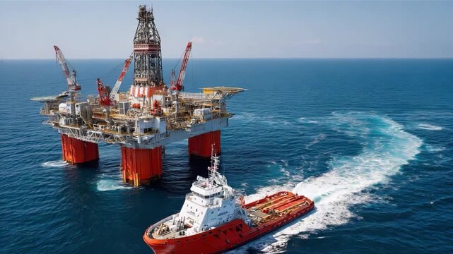Offshore Oil Rig at Sea: A towering offshore oil rig stands strong, serviced by a supply vessel amidst the vast, blue expanse of the ocean.