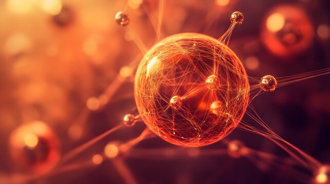 Abstract glowing orange molecular structure with interconnected nodes and fine energetic lines symbolizing complex digital science technology - Powered by Adobe