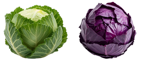 Vibrant Cabbage Duo: A close-up view of two cabbages, one a vivid green and the other a deep purple, side by side. showing their textured leaves. 