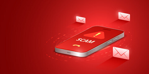 Digital Scam Warning on Mobile Phone Screen Vector - Cyber Security Alert Interface with Red Neon Glow Technology Background