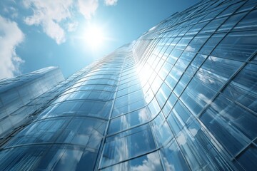 Glass skyscraper perspective highlights urban architecture under bright sunlight with blue sky and clouds in modern city