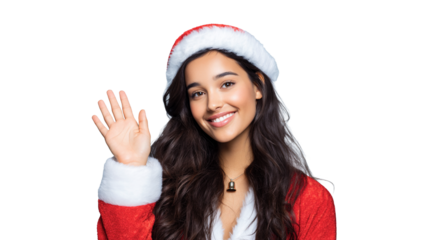 Attractive Young Hispanic Woman in Santa Claus Costume with Christmas Hat on Transparent Background
