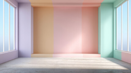 Fototapeta premium A minimalist interior in pastel tones with soft wall colors and large windows, an empty modern room with natural light and clean architectural lines
