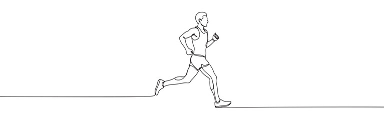 Continuous one line drawing of a running man. Vector illustration of a male athlete jogging side view isolated on white background. Minimalist sport concept