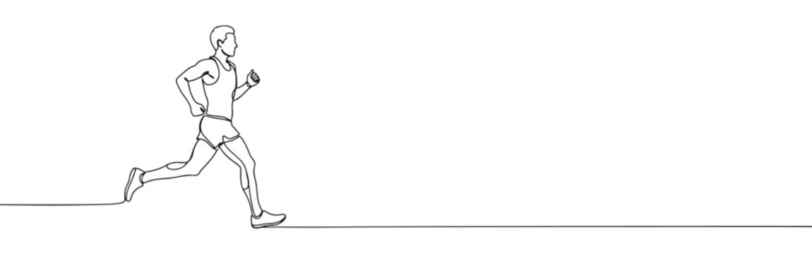 Continuous one line drawing of a running man. Vector illustration of a male athlete jogging side view isolated on white background. Minimalist sport concept