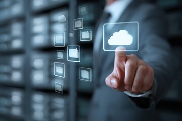 Business professional using cloud storage technology for document management in a modern office setting with data visualization elements