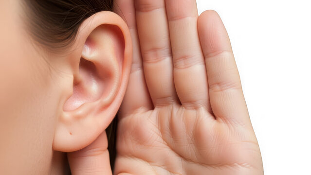 Close up macro shot of a human ear cupped by a hand listening carefully for sound or conversation detail