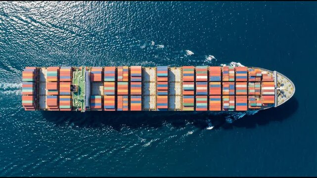 Aerial front view of a big cargo container carrier ship sailing over the ocean during sunset time