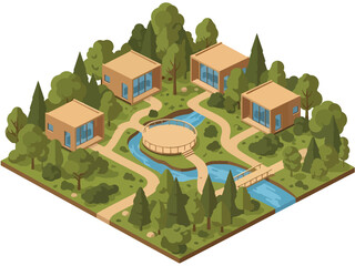 Isometric vector 3D view of an eco tourism destination with nature cabins and forest trails, promoting sustainable travel and minimal environmental impact