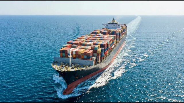 Aerial front view of a big cargo container carrier ship sailing over the ocean during sunset time