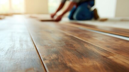 Worker installs wooden flooring in a home during daylight hours