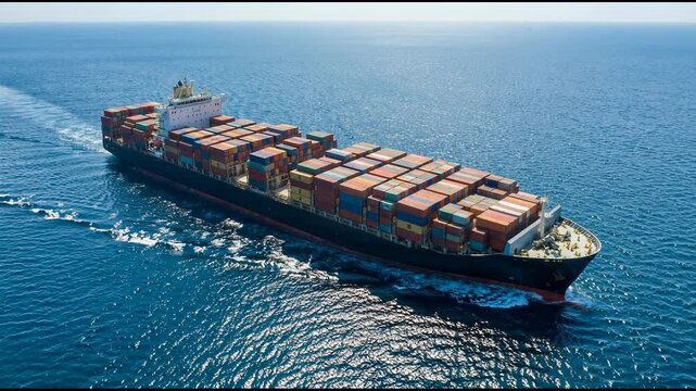 Aerial front view of a big cargo container carrier ship sailing over the ocean during sunset time