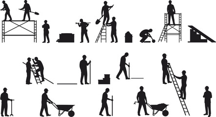 Construction workers silhouettes, manual labor, teamwork, scaffolding, tools, wheelbarrow, shovel, ladder, industrial site, realistic poses, safety gear, physical work, vector illustration