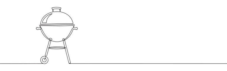 Continuous one line drawing of a BBQ grill. Vector illustration of charcoal barbecue kettle isolated on white background. Minimalist picnic cooking concept