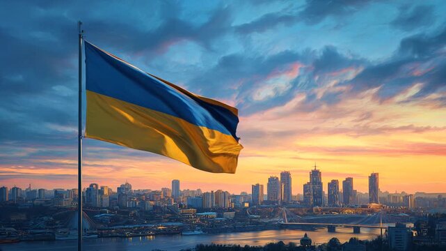 ukrainian flag waving in the wind at sunset. with kiew skyline ukraine