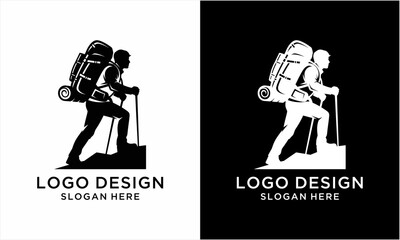 Minimalist black and white logo design featuring a hiker with a backpack and walking stick, perfect for outdoor adventure brands.