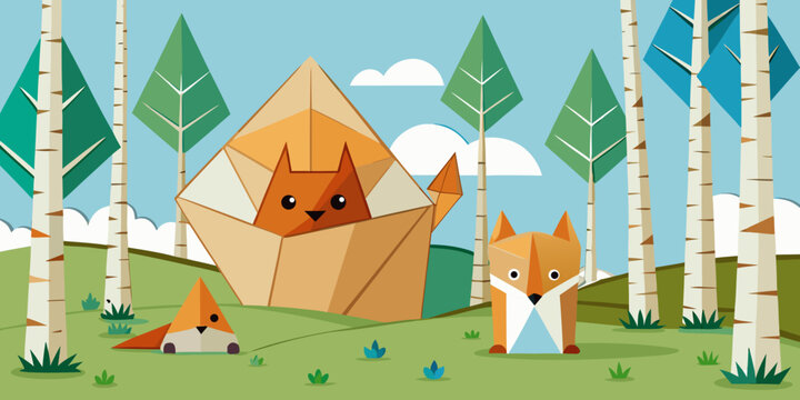 Imagine a whimsical forest where every element &ndash; trees, animals, mushrooms, and even the ground &ndash; is crafted from origami. A small, folded paper fox peeks out from behind a paper birch tree, while ori
