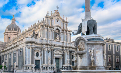 Piazza Duomo in Catania, Sicily, Italy with the Cathedral and Fontana dell Elefante