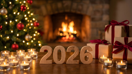 2026 New Year Holiday Celebration: Cozy Christmas Scene with Fireplace, Tree, Gifts, and Glowing Candles for Winter Festive Decor