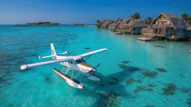 Near overwater villas in a tropical resort, a seaplane is taxiing on the blue ocean.